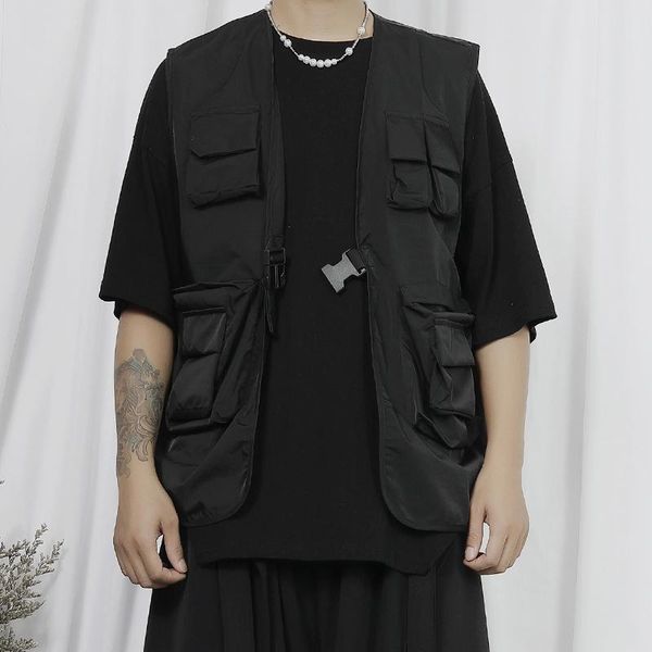 

men's vests large size design vest japanese trend versatile functional style and women's multi pocket loose casual coat, Black;white