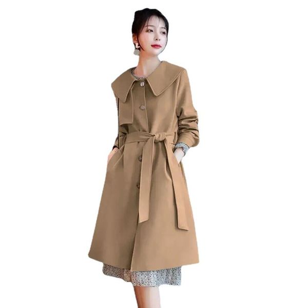 

women's trench coats elegant windbreaker mid-length 2021 spring autumn korean style loose and thin fashion temperament casual jacket, Tan;black
