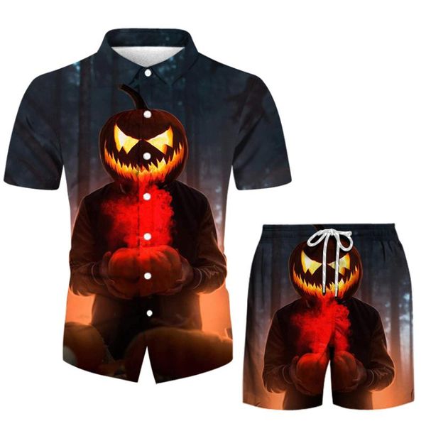 

men's casual shirts 2021 summer short-sleeved shirt loose, funny halloween pumpkin digital print shorts suit, White;black