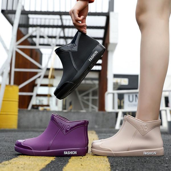 

boots women brand design rain boot shoes woman solid rubber waterproof flats fashion, Black