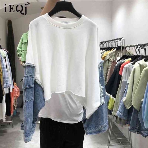 

[ieqj] spring summer pattern round collar long sleeve denim patchwork pullovers streetwear sweatshirt women ah61206 210816, Black