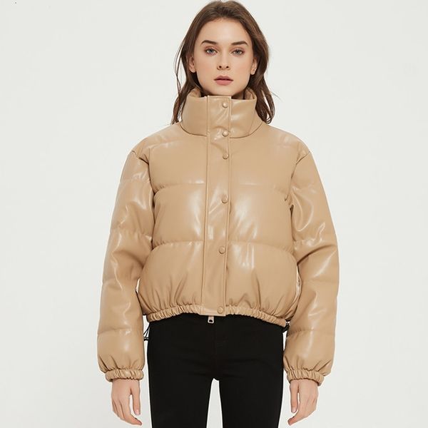 

down new women autumn winter stand collar zipper loose warm short parka streetwear black jacket faux leather cotton coat
