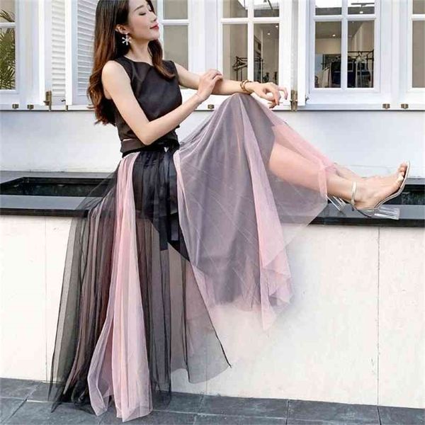 

autumn winter vintage tulle skirt women elastic high waist mesh s long pleated s party a-line 210702, Black