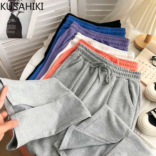

spring korean women long pants drawstring high waist trousers causal solid wide leg split 6e782 210603, Black;white