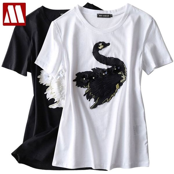 Moda Bordado Cisne Bordado T Camiseta Mulheres Marca T-shirt Casual Loose Manga Curta O Neck Feminino Animal Tops Tee 210623