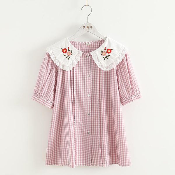 

women's blouses & shirts 2021 summer sweet embroidery flower lapel short sleeve single breasted plaid shirt, White