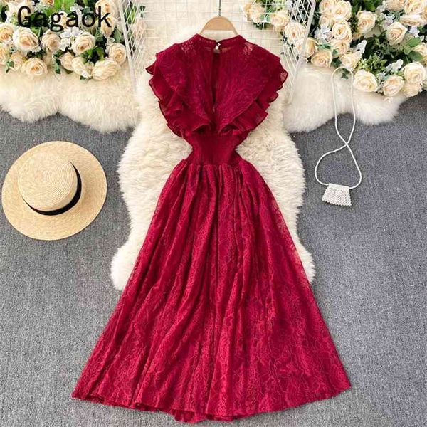 

dresses women summer o-neck lace ruffles high street midi party dress fashion elegant chic court style vestidos 210531, Black;gray