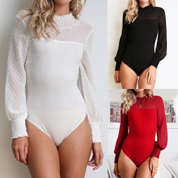 

women's jumpsuits & rompers solid chiffon turtleneck skinny lace bodysuits women 2021 spring autumn long sleeve bodycon patchwork bodys, Black;white