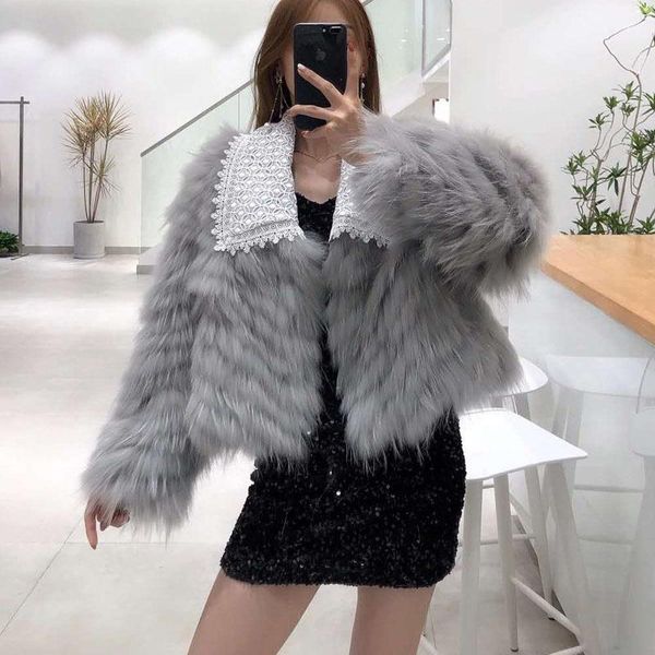 

women's fur & faux women winter coat 2021 arrival short jacket with lace collar fashion slim real strip sewed toghter famale fn0098, Black