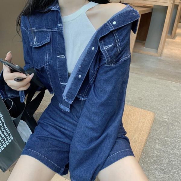 

women's tracksuits alien kitty 2021 autumn ladies denim suit single-breasted fashion thin coat high waist casual all-match classic shor, Gray