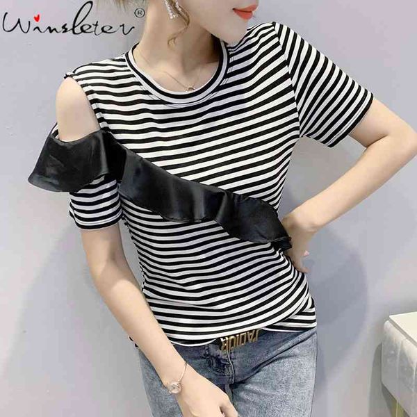 

women's t-shirt summer european style cotton fashion striped off shoulder patchwork ruffles women short sleeve tees t161, White