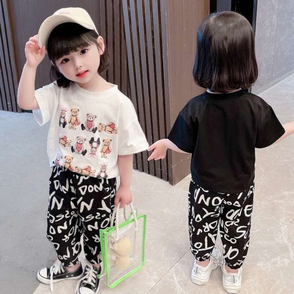 

girls' cartoon suit summer children's bear cotton short sleeve pants two piece set, White