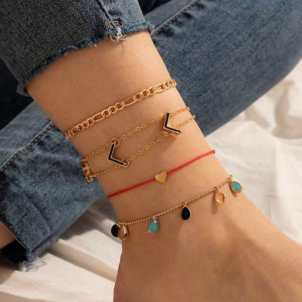 

anklets 4 pcs/set colorful crystal beads fringed charm ankle bracelets for women anklet bracelet foot jewelry beach sandals accessories, Red;blue