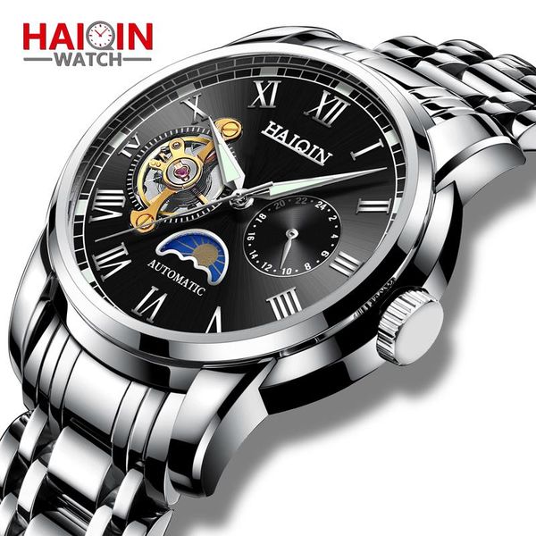 

automatic mens watch self wind business wristwatch waterproof moon phase mechanical tourbillon night light clock wristwatches, Slivery;brown