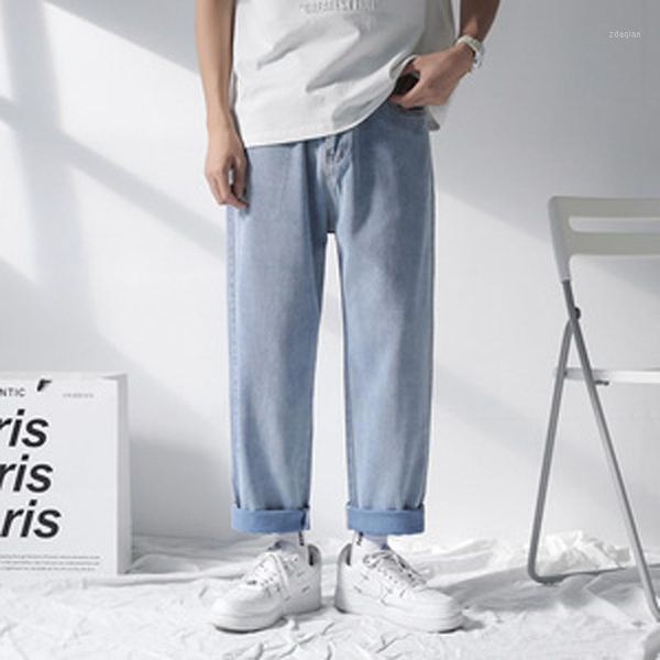 

men's jeans hzirip 2021 autumn korean style loose straight trousers nine-point wide-leg casual high waist long pants, Blue