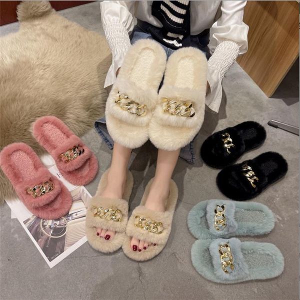 

lastest luxurious mink fur women slippers soft flat open-toe slip-on, Black