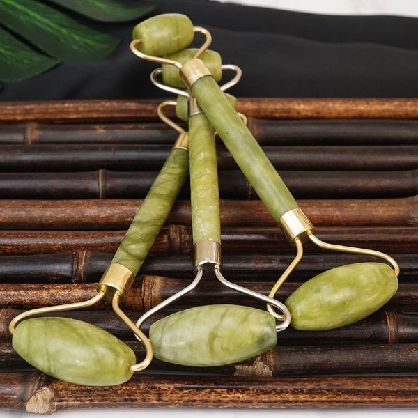 100% Grau Um Rolo de Jade Verde Rosto Facial Pescoço Massager Massager Guasha Gua Sha Kits Weld Metal Ruído Frame de Liga de Zinco Livre