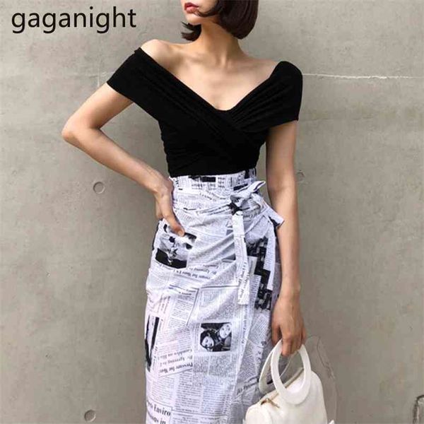 

summer 2 pieces set women deep v neck black tee +high waist bandage printed skirt suits lady outfits 210601, White