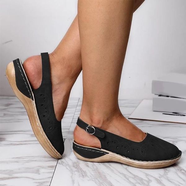 

sandals women's summer buckle flat shoes ladies solid sewing hollow out platform female casual comfortable woman, Black