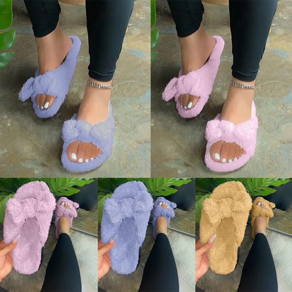 

peep toe fur slippers fashion winter women warm indoor bow soft wool lady home shoes suede q30, Black