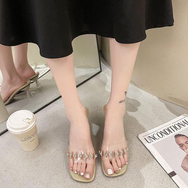 

slippers stiletto heel women transparent crystal pvc summer sweet open toe high slides mujer, Black