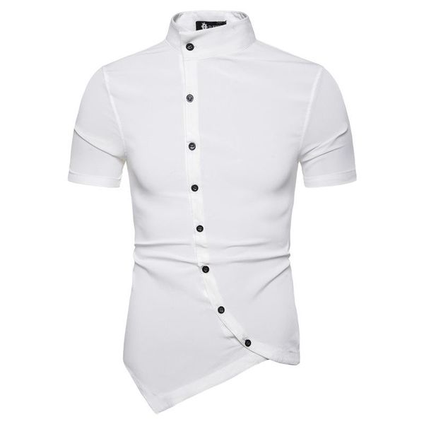 

men's casual shirts 2021 asymmetrical fashion slim short sleeve shirt solid color stand collar oblique access control korean men street, White;black
