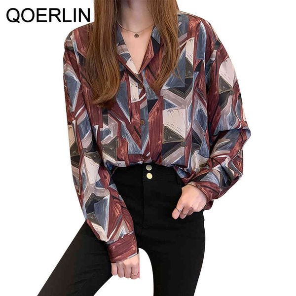 

qoerlin -4xl oversized printed shirts blouse women large size blouse long sleeve lapel blouses plus size button up shirt blusas 210416, White