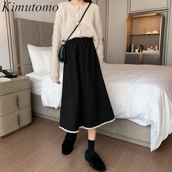 

kimutomo women casual knitted skirt spring autumn chic style female solid high waist a-line skirts outwear elegant 210521, Black