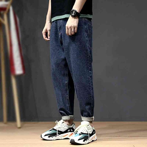 

men's korean style fashion loose elastic harem tapered trousers retro blue streetwear hip hop jeans men pencil pants