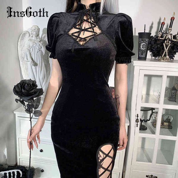 Insgoth vintage elegante vestido de veludo preto mulheres harajuku lace up cintura alta vestidos de fenda estética vestido de festa fino cheongsam y1204