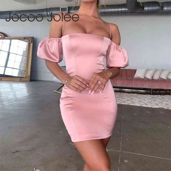 

elegant satin bodycon short puff sleeve off shoulder strap slim mini solid party night club dress 210416, Black;gray