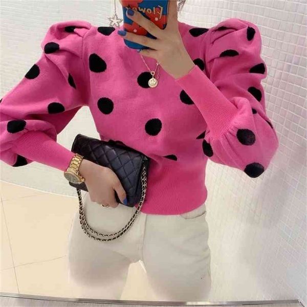 

korean puff sleeve women pullover knitwear spring autumn polka dot winter knitted o-neck sweater bottom jumper 210914, White;black