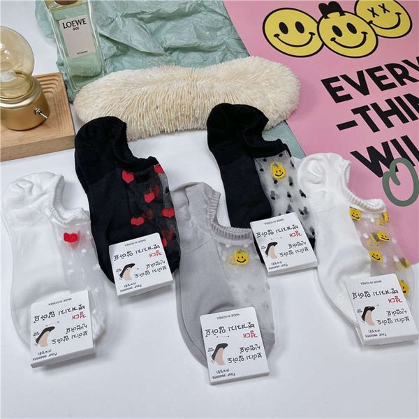 

socks women's spring and summer crystal silk ship smiling face love thin invisible, Black;white