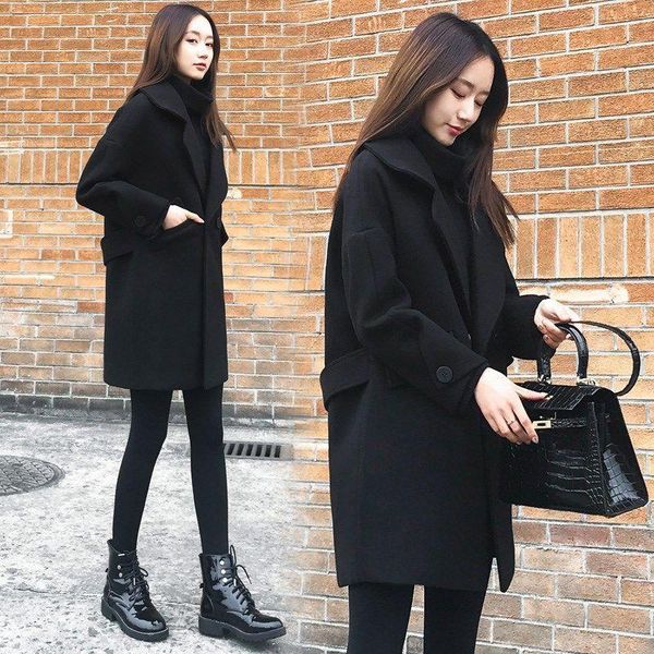 

women's wool & blends 2021 autumn and winter korean version of loose thin black woolen coat long fashion leisure