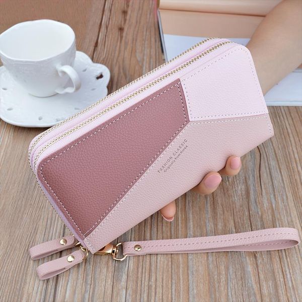 

brand pu leather wallets women patchwork long zipper coin purse money credit phone bags female clutch wallet, Red;black