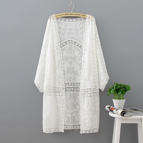 

cut out hook flower medium length lace cardigan beach resort bikini sunscreen, White;black