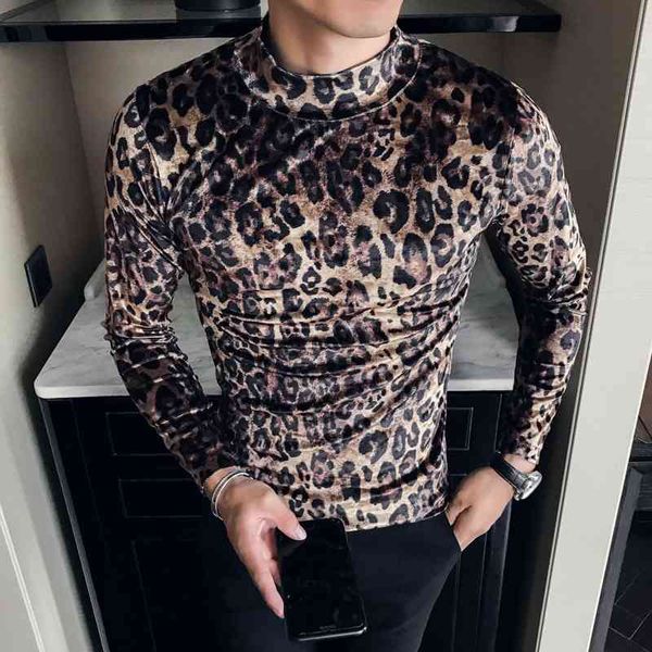 

leopard velvet t shirt men long sleeve casual slim fit tshirt vintage half turtleneck man streetwear club tees clothing 210527, White;black