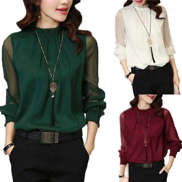 

casual womens loose summer chiffon plain stylish long sleeve blouse size -2xl women's blouses & shirts, White