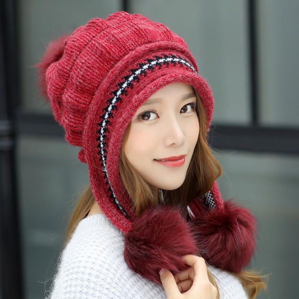 

beanie/skull caps women winter plush hatsfashion beanies sweet cute hedging cap velvet wool hat student hair ball with, Blue;gray