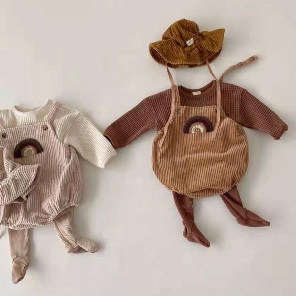 

spring new clothes corduroy rainbow boys one piece bodysuit with hat baby girls onesie outfits 210413, White