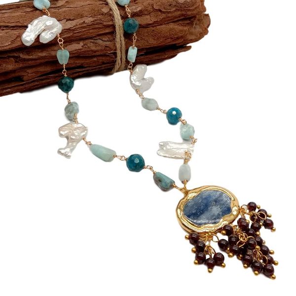 

cute style blue kyanites garnet pendant natural white keshi pearl larimar apatite wrap necklace fo women, Silver