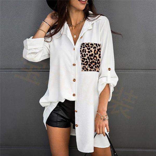 

autumn casual leopard pocket long shirts women fashion sleeve turn down collar loose women's t-shirt, White