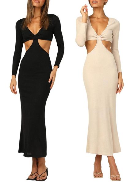 

casual dresses women backless dress adults solid color long sleeve v-neck cutout, Black;gray