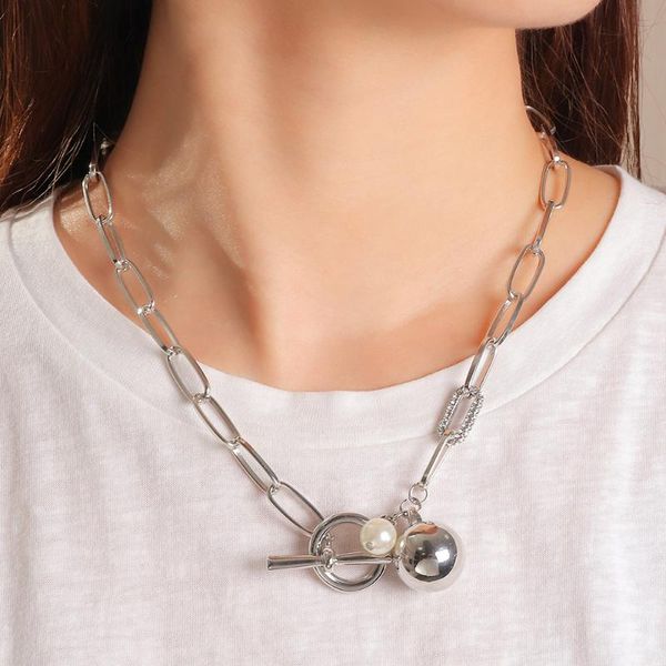 

pendant necklaces punk hip hop metal chain neck exaggerated personality tide neutral geometry pearl necklace, Silver