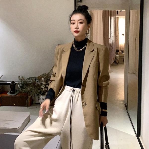 

women's suits & blazers retro khaki blazer suit women solid colors single breasted casual office 2021 british style mid length commute, White;black
