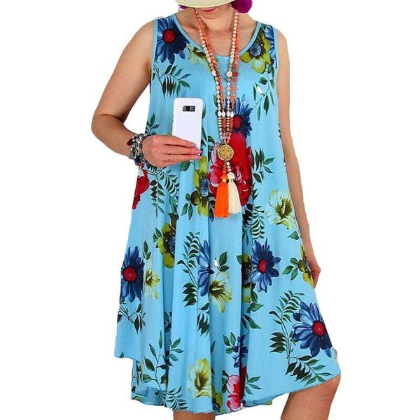 

casual dresses women sleeveless floral print summer beach swing loose vest dress plus size l4me, Black;gray
