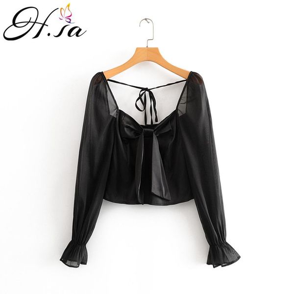 H.SA Mulheres Verão Preto e Manga Longa Organza Bow Gravata Tops Ladies Party Blusas Curto Sexy Blusa Transparente 210417