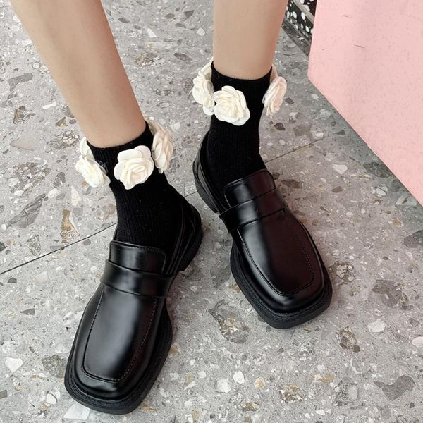 

dress shoes rimocy patent leather square toe loafers women slip on med heel platform woman japanese style jk student ladies, Black