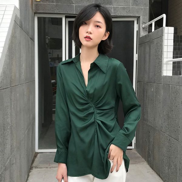 

women's jackets spring autumn korea fashion women long sleeve v-neck shirts side zipper plicated solid casual blouse female blus, Black;brown