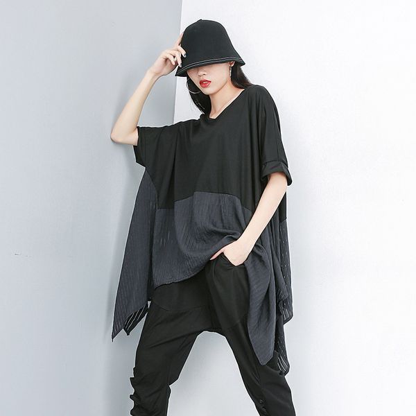 

summer new splicing pullover t-shirt women's personality solid color large bat shirt 90180, White